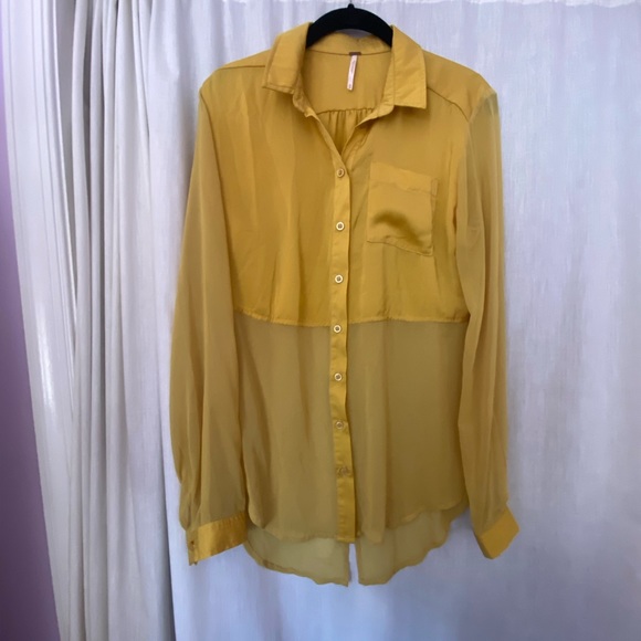 Free People Button Down Blouse golden / mustard yellow bottom half translucent💛 - Picture 1 of 9